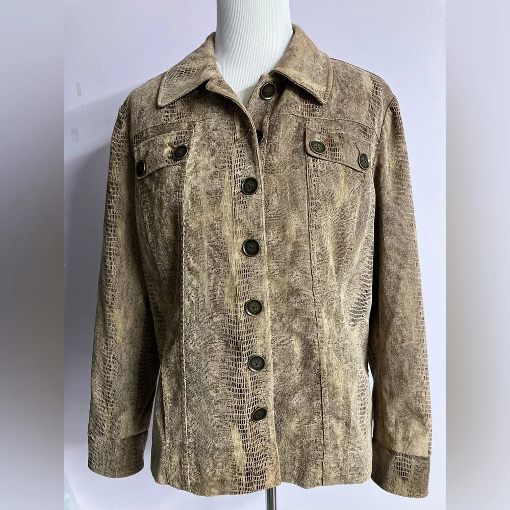 Chico’s Women's  Jacket, Size 2, Snakeskin Print, Full Button Closure, Tan/Brown